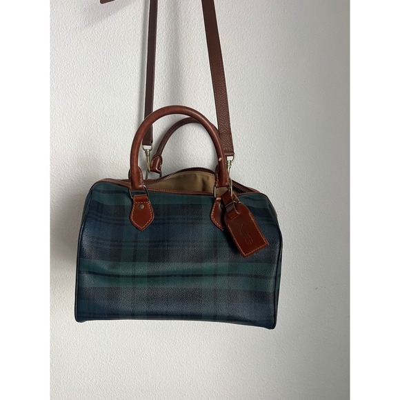 Polo Ralph Lauren Plaid Satchel Bag Leather Trim Crossbody Top Handle - Picture 3 of 10